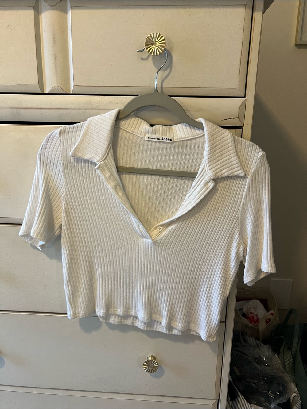 Reformation White Ribbed Polo Crop Top